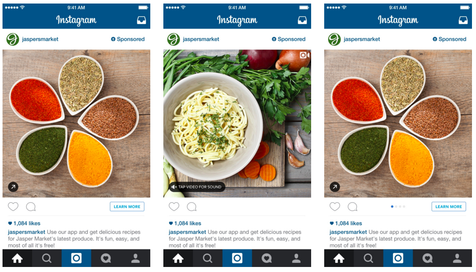 Photo, video, and carousel layout options for Instagram ads.