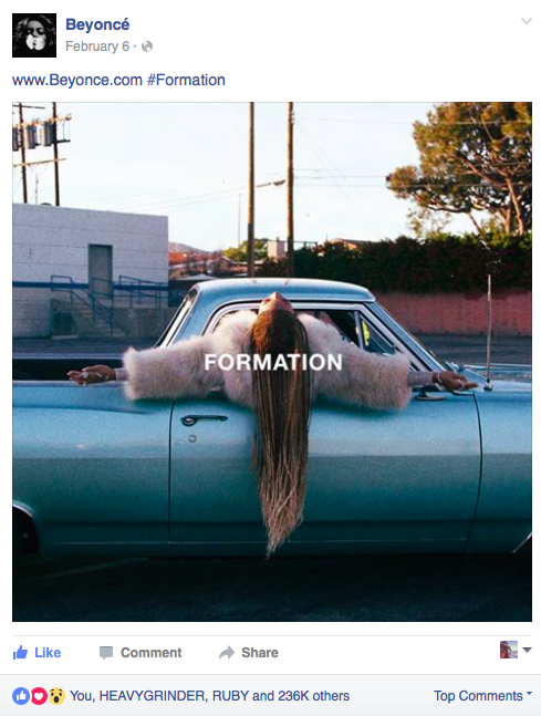 A Beyonce Facebook post with a "FORMATION" text overlay in front of a video still.