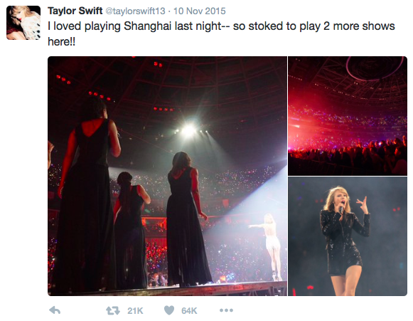 A Taylor Swift Twitter post of a concert with vibrant lights and shots of the crowd.
