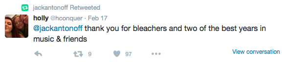 A Tweet thanking Jack Antonoff, with a small profile picture of three people.