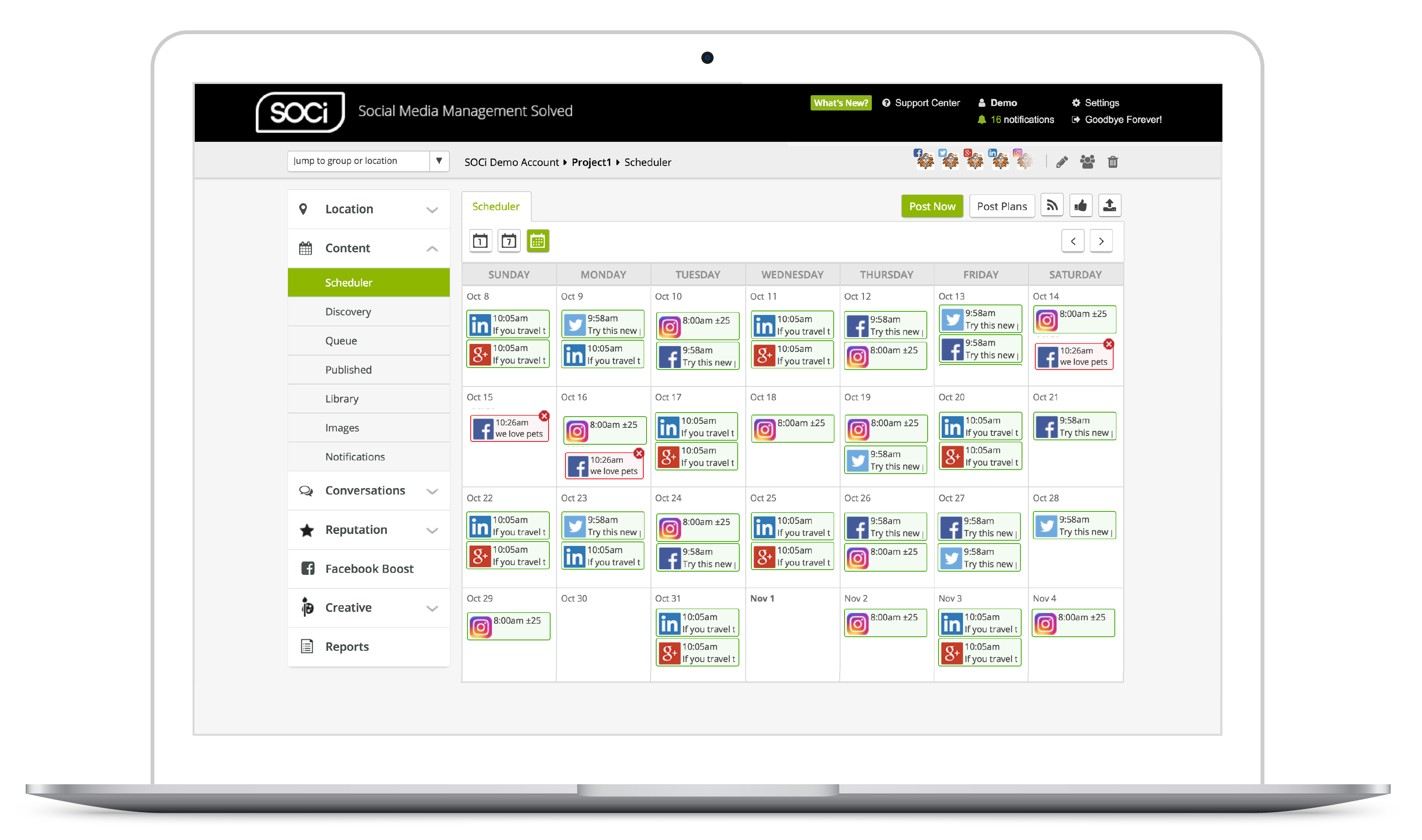 A laptop screen displaying SOCi’s Social Media Community Calendar with scheduled posts for different social platforms.