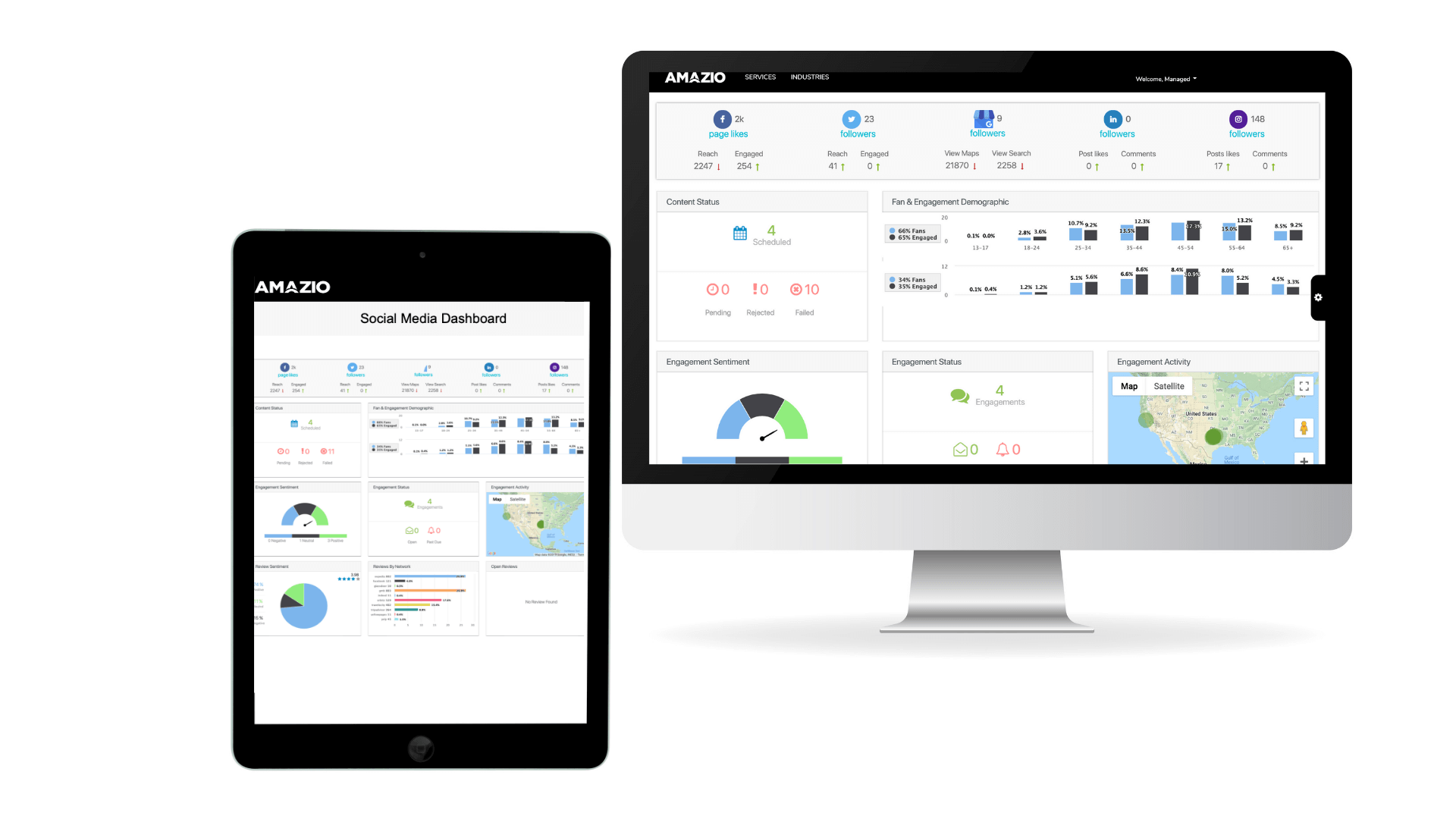 Tablet and computer screens displaying a social media dashboard with graphs and maps.