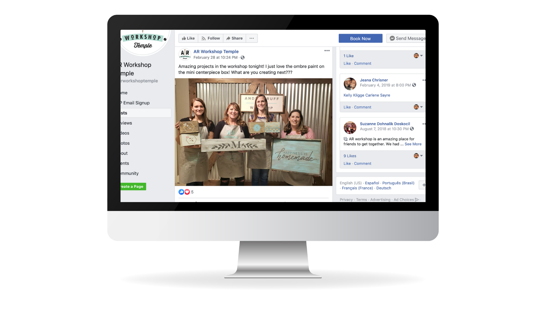 A desktop computer screen showing a social media post with people holding handcrafted wooden signs.