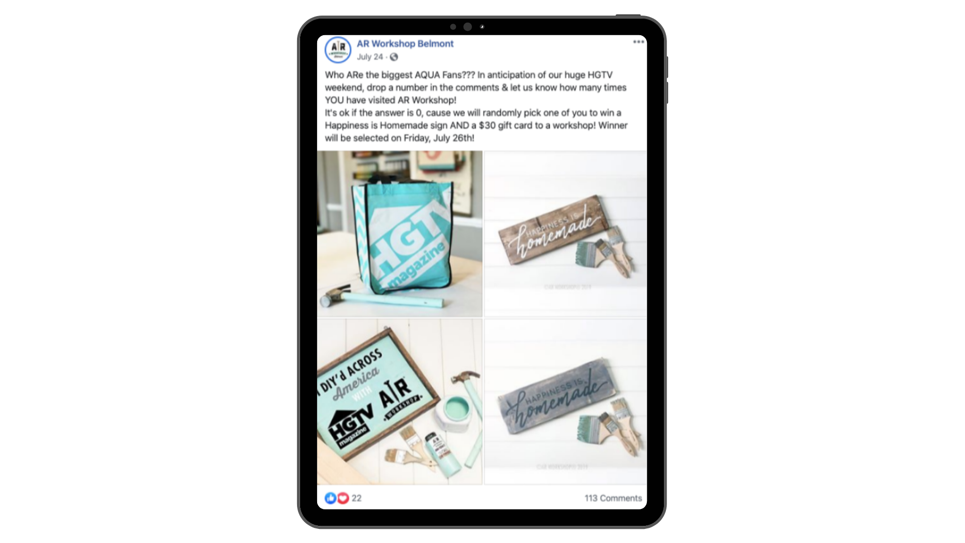 A tablet displaying a social media post.