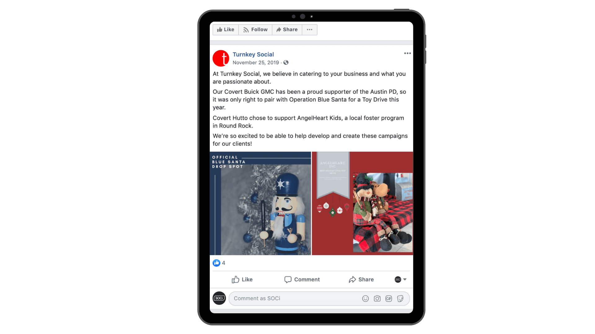 A tablet displaying a Facebook post with holiday-themed images including a nutcracker and Christmas dolls.