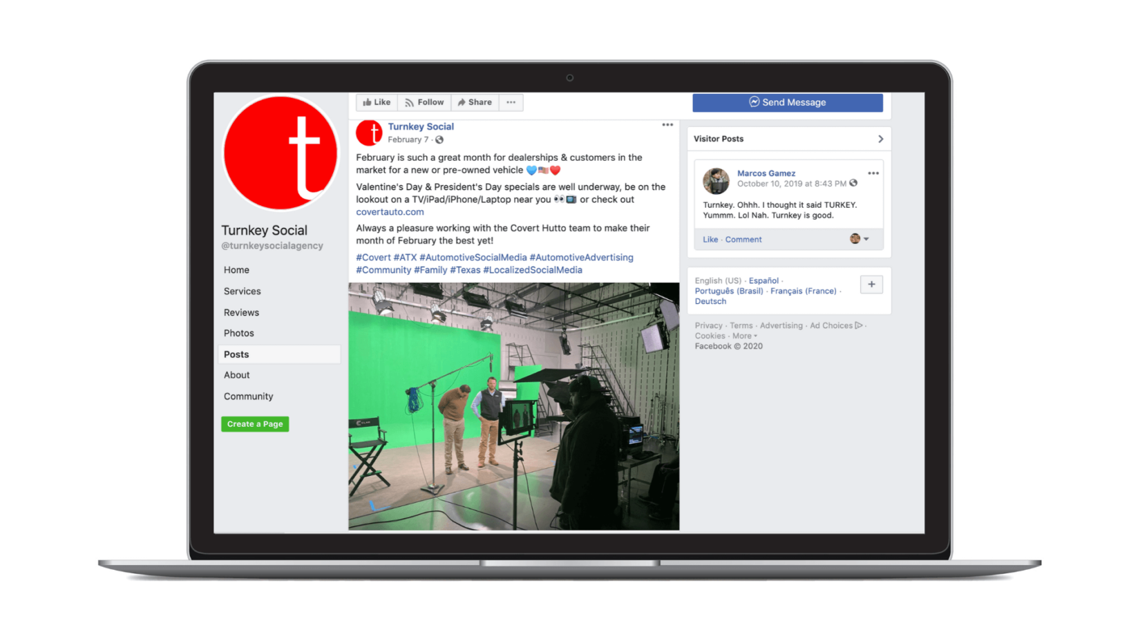 A laptop displaying a Facebook page with a post featuring a behind-the-scenes green screen studio photo.
