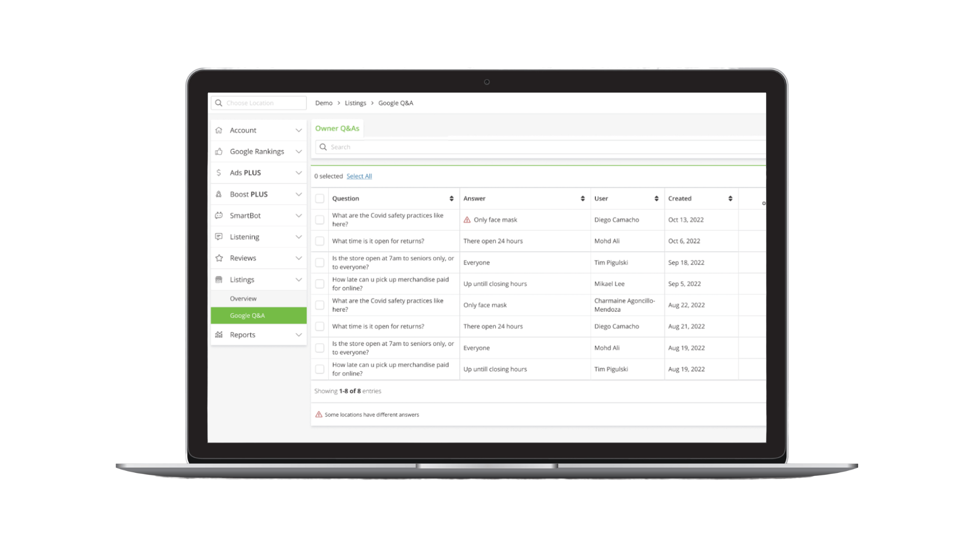 Example of SOCi Google Owner Q&A dashboard showing questions and answers.