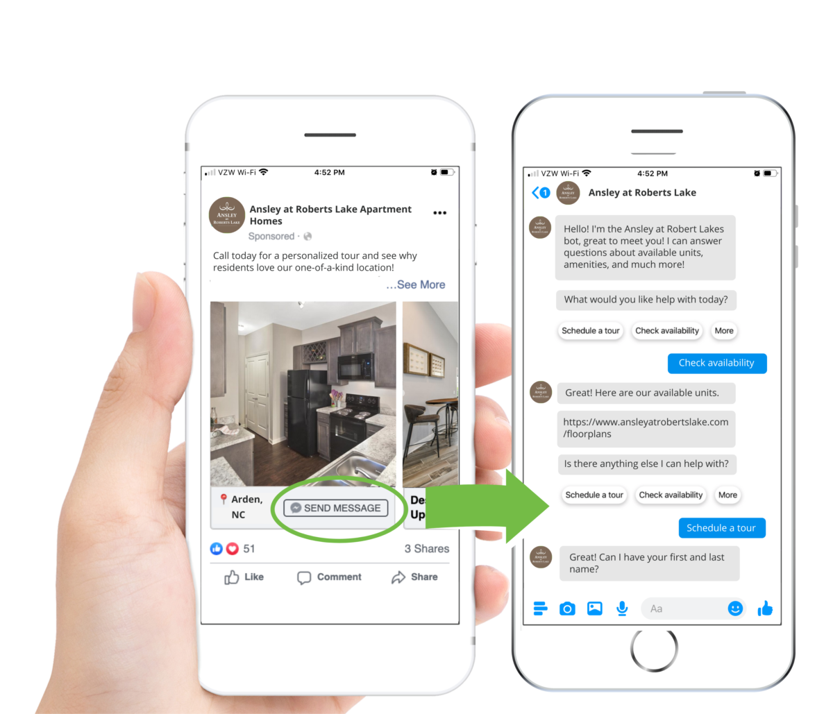 A white hand holding an iPhone with a facebook post and message. A second iPhone screen showing a conversation on SOCi's SmartBot
