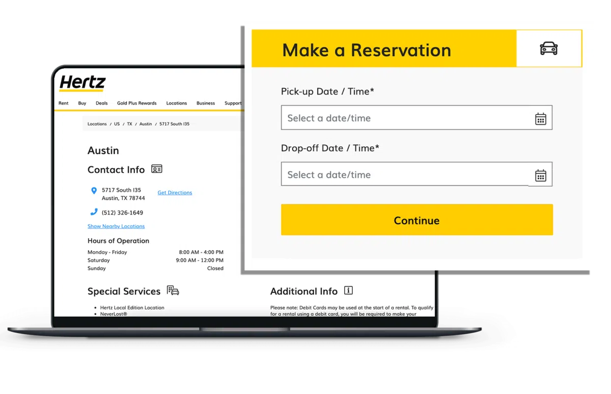 Screenshot of Hertz's local landing page with a blown up reservation image