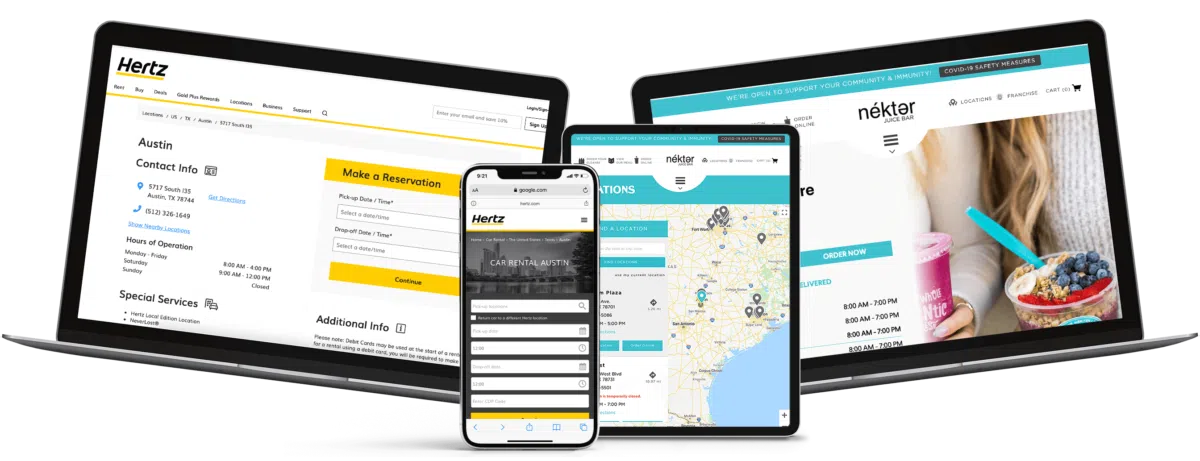 Two laptops, one showing a Hertz local page and the other showing Nekter Juice Bar's local page. Also an iPhone showing Hertz's locator page and a tablet showing Nekter's locator page