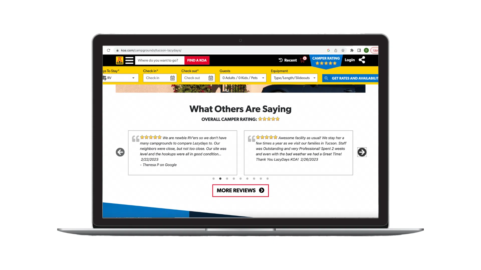 An image highlighting reviews featured on a local page for Kampgrounds of America