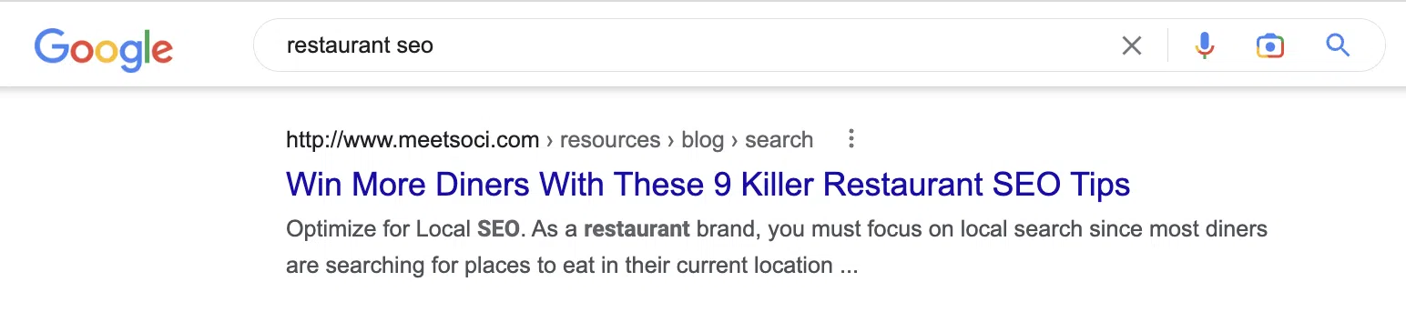 An example of a meta description for the search "restaurant SEO"