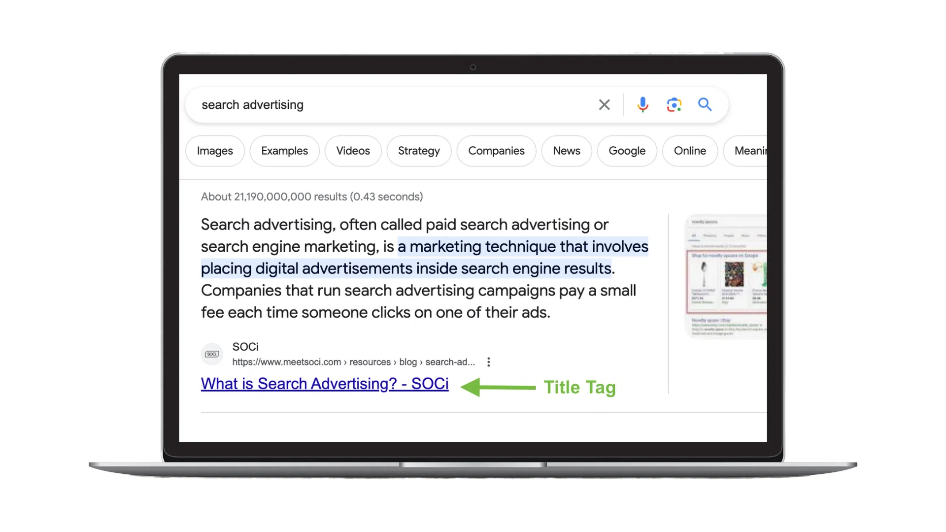 Search engine result with an arrow pointing to the title tag overlaid on a laptop