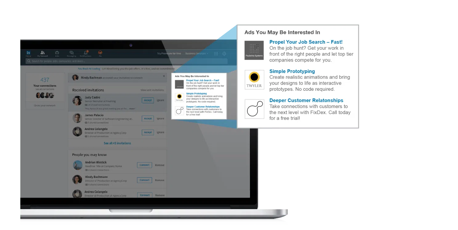 Close up zoom in of LinkedIn's advertising platform on a laptop
