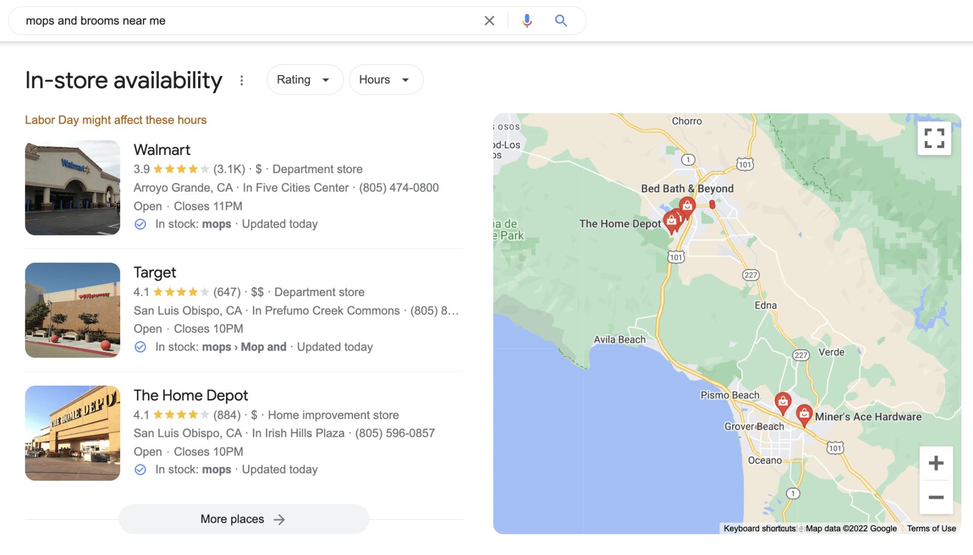 A photo of the Google 3-Pack for "mops and brooms near me," highlighting in-store availability.