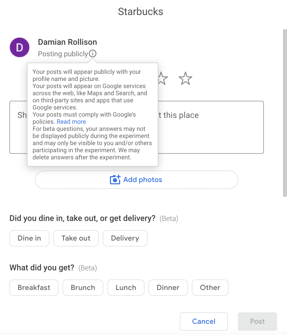 An image showcasing a note from Google saying answers to beta questions may not appear in Google Business Profile