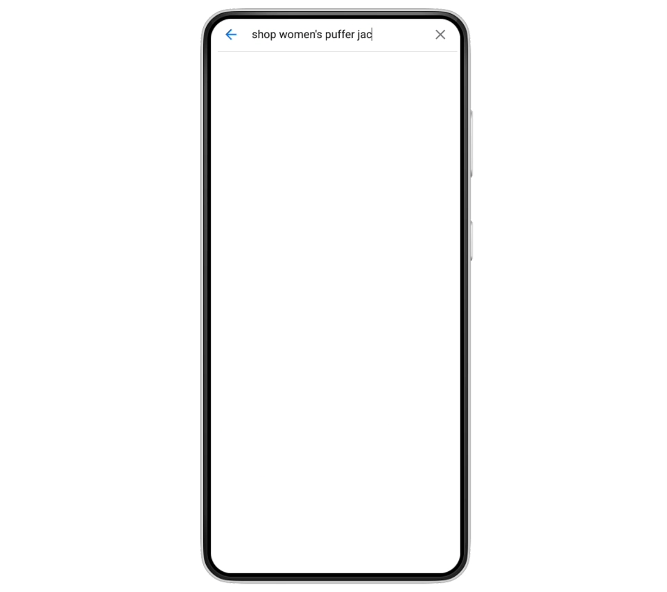 An iPhone scrolling showing Google's new shopping feature for "woman's puffer jackets"