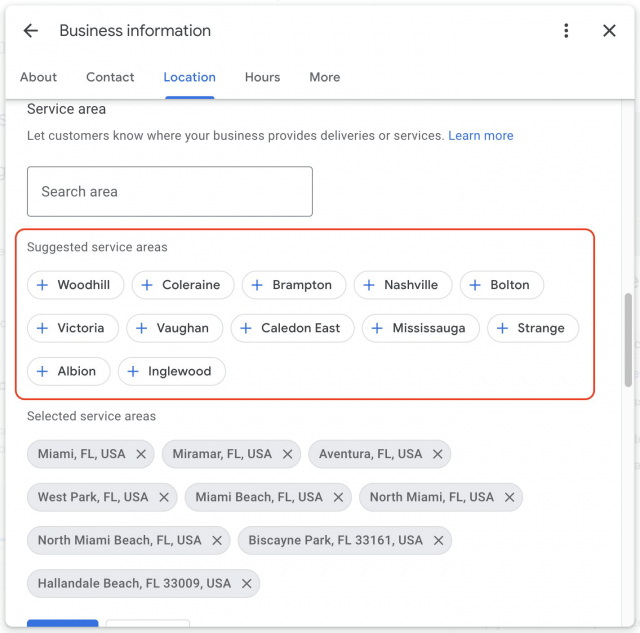 An image showing the backend of Google Business Profile where businesses can select suggested service areas for their business