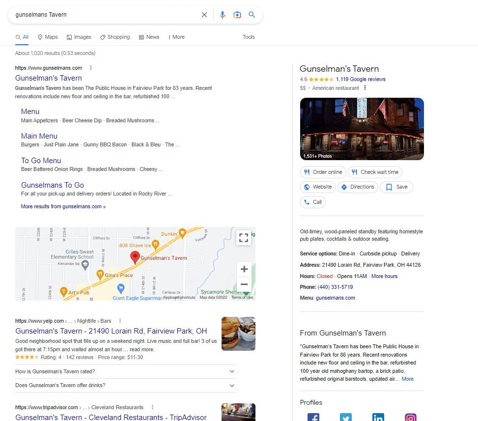 An image showcasing a slightly different desktop layout for the search results for "Gunsleman's Tavern" 
