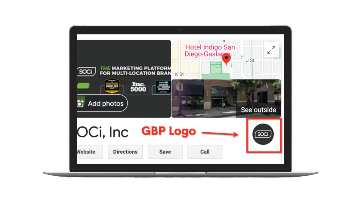 Image of SOCi’s Google Business Profile with a red box, text, and arrow highlighting the GBP Logo