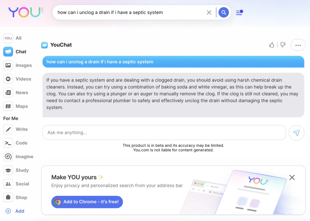 A computer screen showing how "YouChat" answers the question "how can I unclog a drain if I have a septic system"