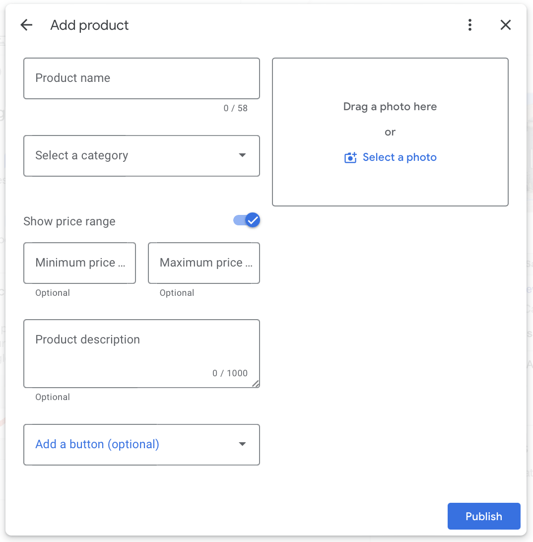 Current GBP product interface showing price range and CTA option dropdown