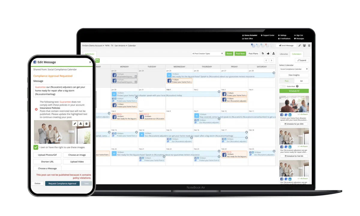A product screenshot of SOCi's social compliance solution on both an i-phone and laptop