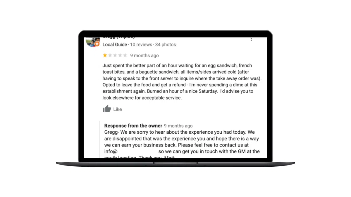 An example of a negative review where the complaint is outside of the business' control