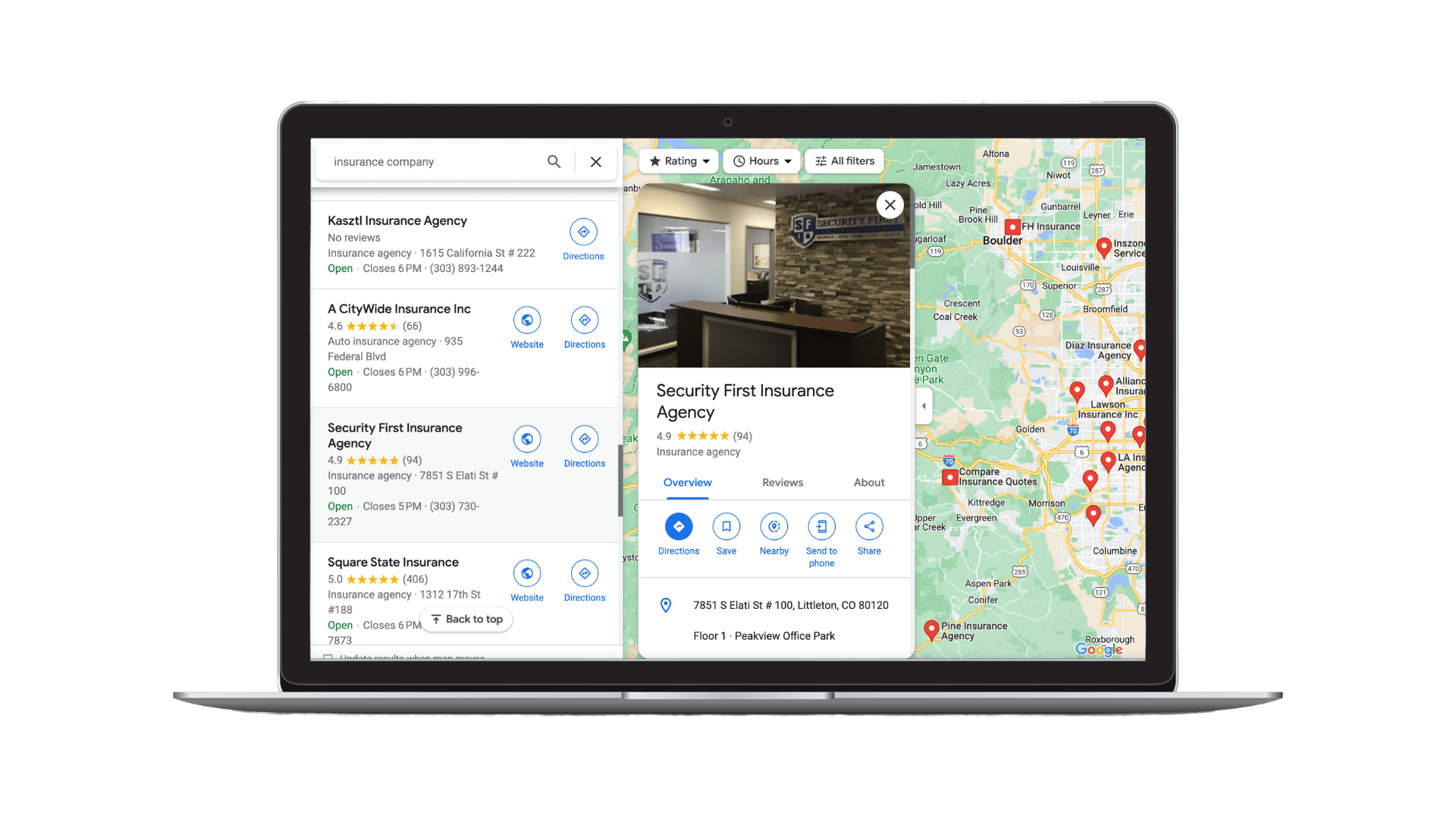 Example of an insurance agency’s Google Business Profile in the local finder with a map in the background overlaid on a laptop