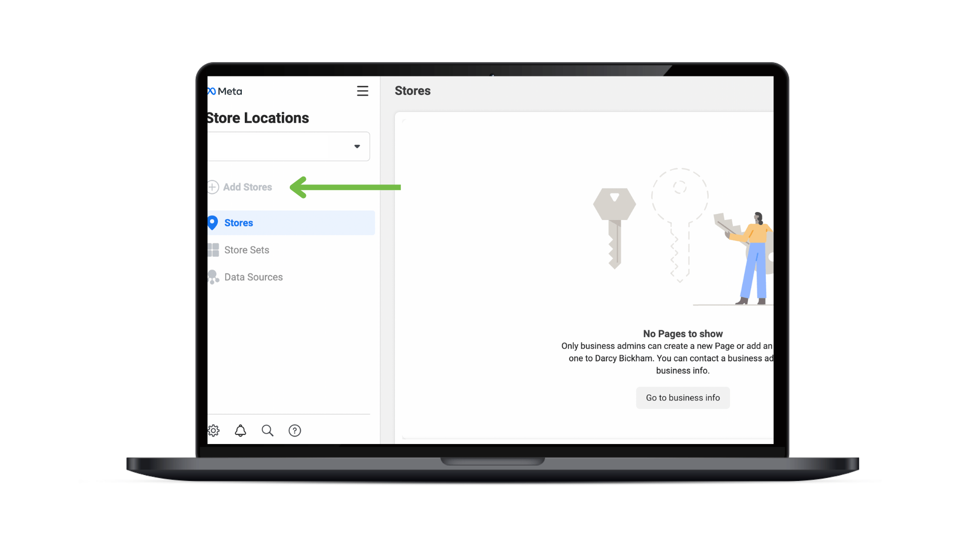 A computer showing where on Facebook you can find the stores tab in your account settings