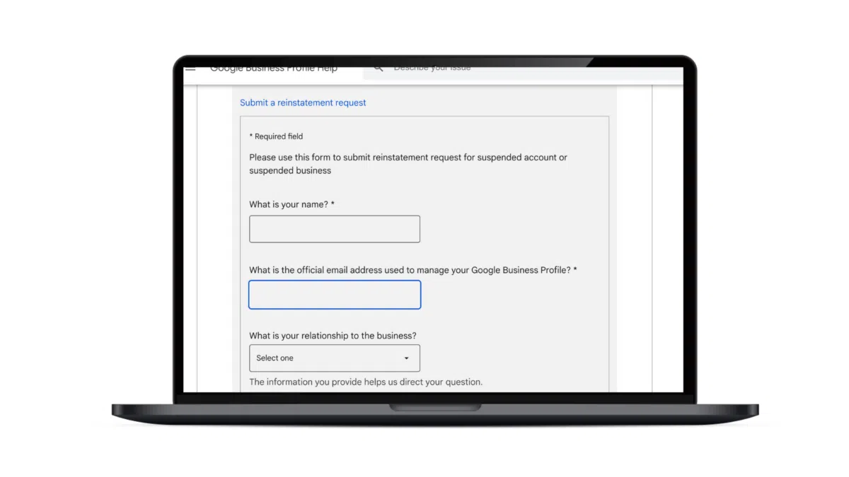 An image showing Google's reinstatement form for suspended profiles