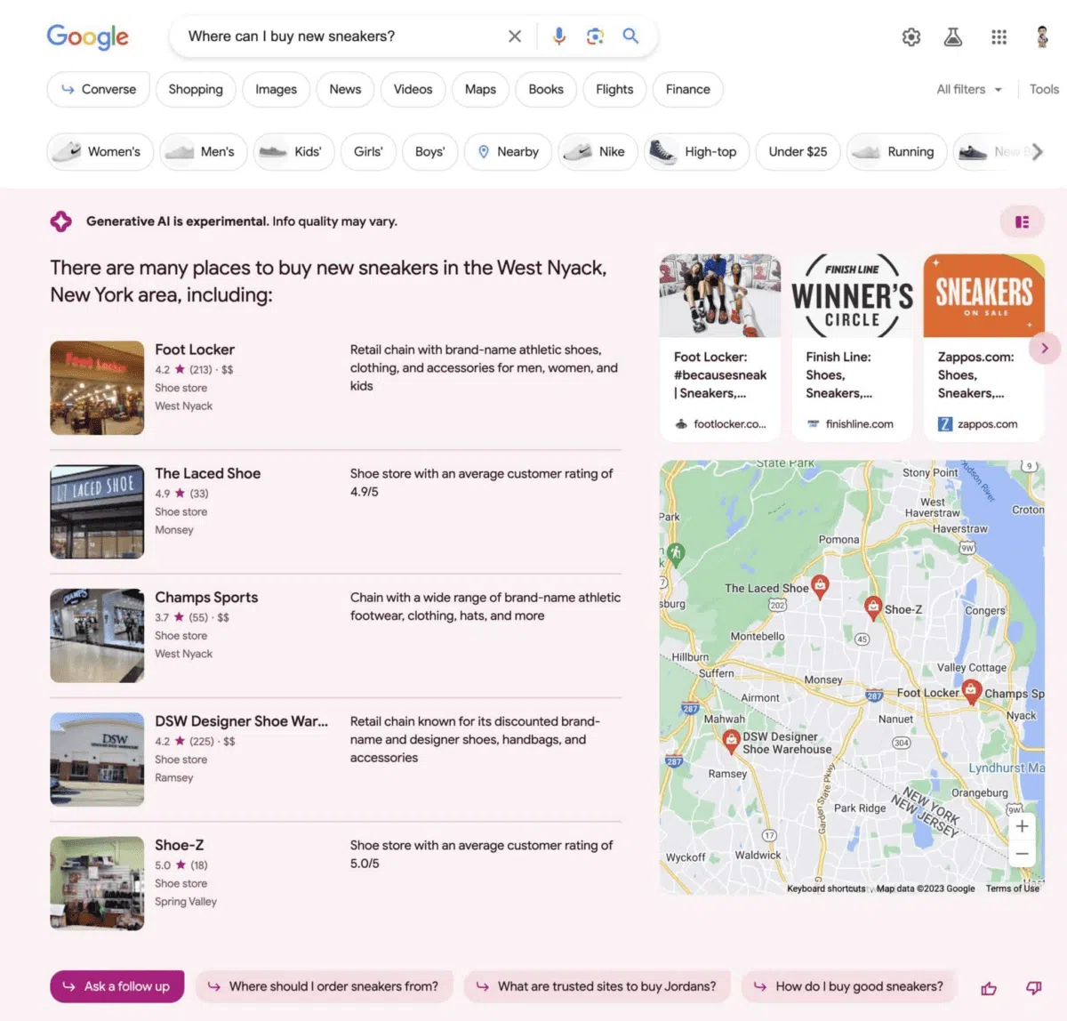 A Search Generative Experience response to the query "Where can I buy new sneakers?"