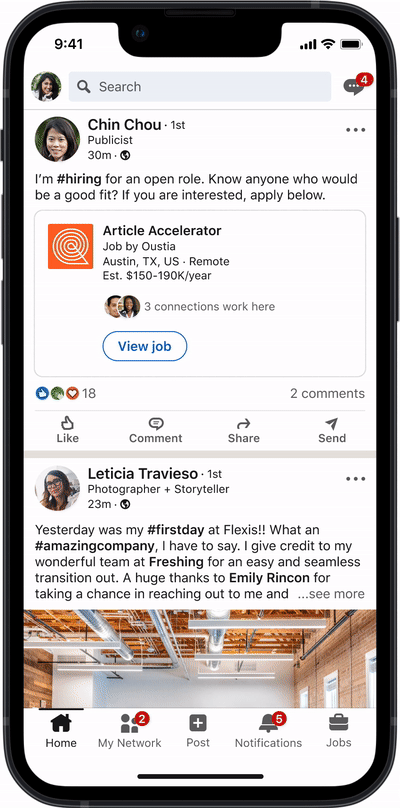 A GIF showing an example of a generative AI post in LinkedIn