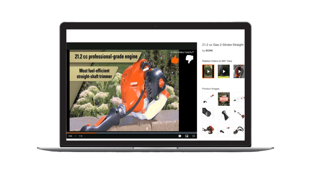 ECHO-USA trimmer product video screenshot showing the orange trimmer with black text highlighting product features and image icons on the right-hand side.