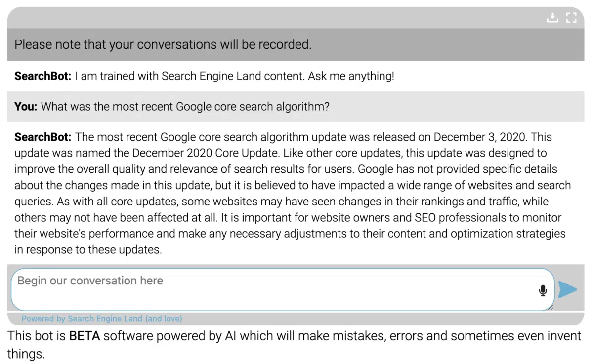 An image highlighting Search Engine Land's new SEO Chatbot and it's response when asked what Google's latest core search algorithm is