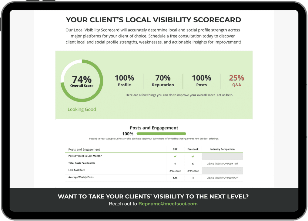 Horizontal iPad showing SOCi's agency's local visibility scorecard with numbers on a green background and a half circle.