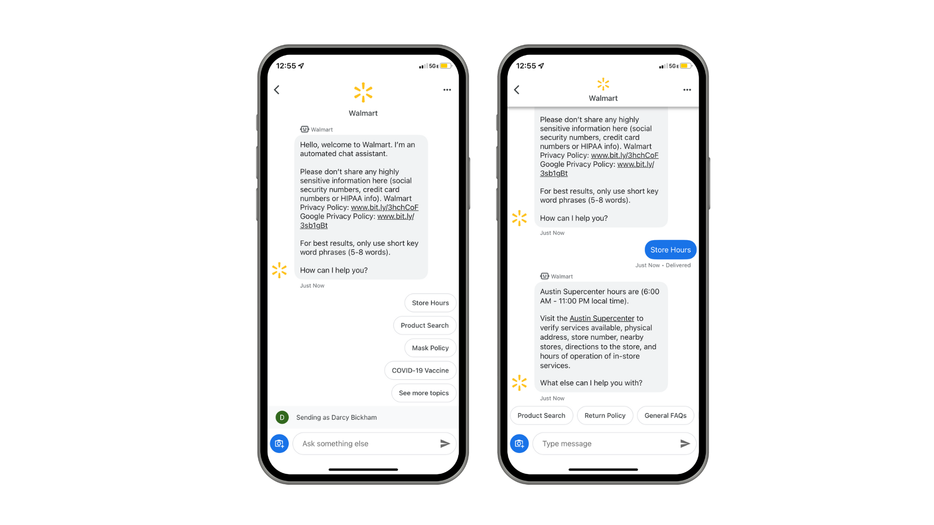 An example of Walmart's chat functionality on SMS