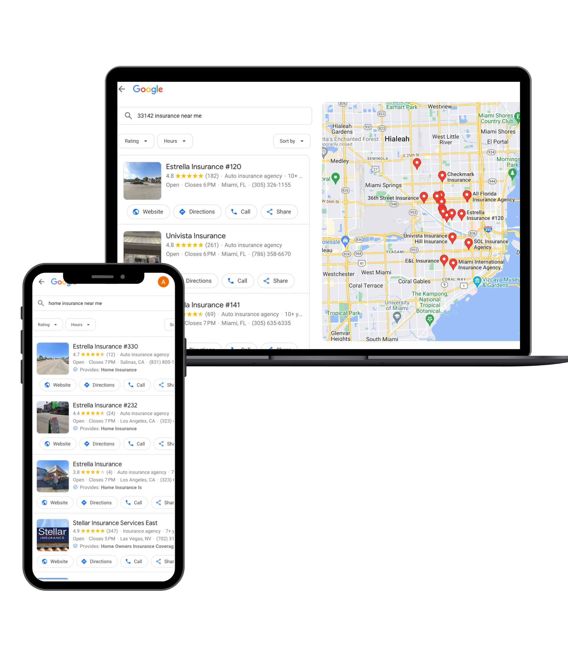 A smartphone displaying a Google Business Profile and a laptop displaying a Google Map search result.