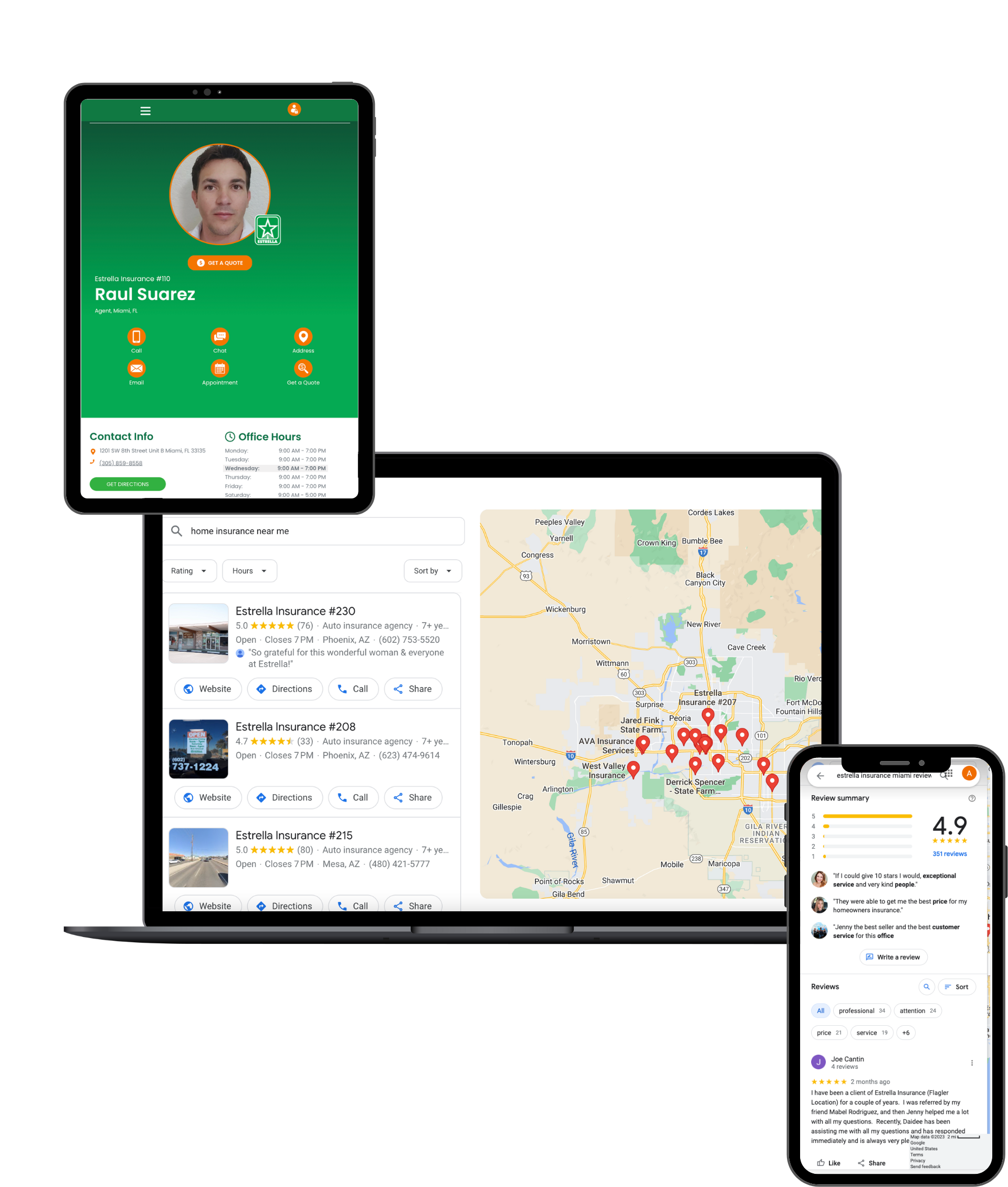 Tablet, laptop, and smartphone screens displaying examples of various Google search properties.