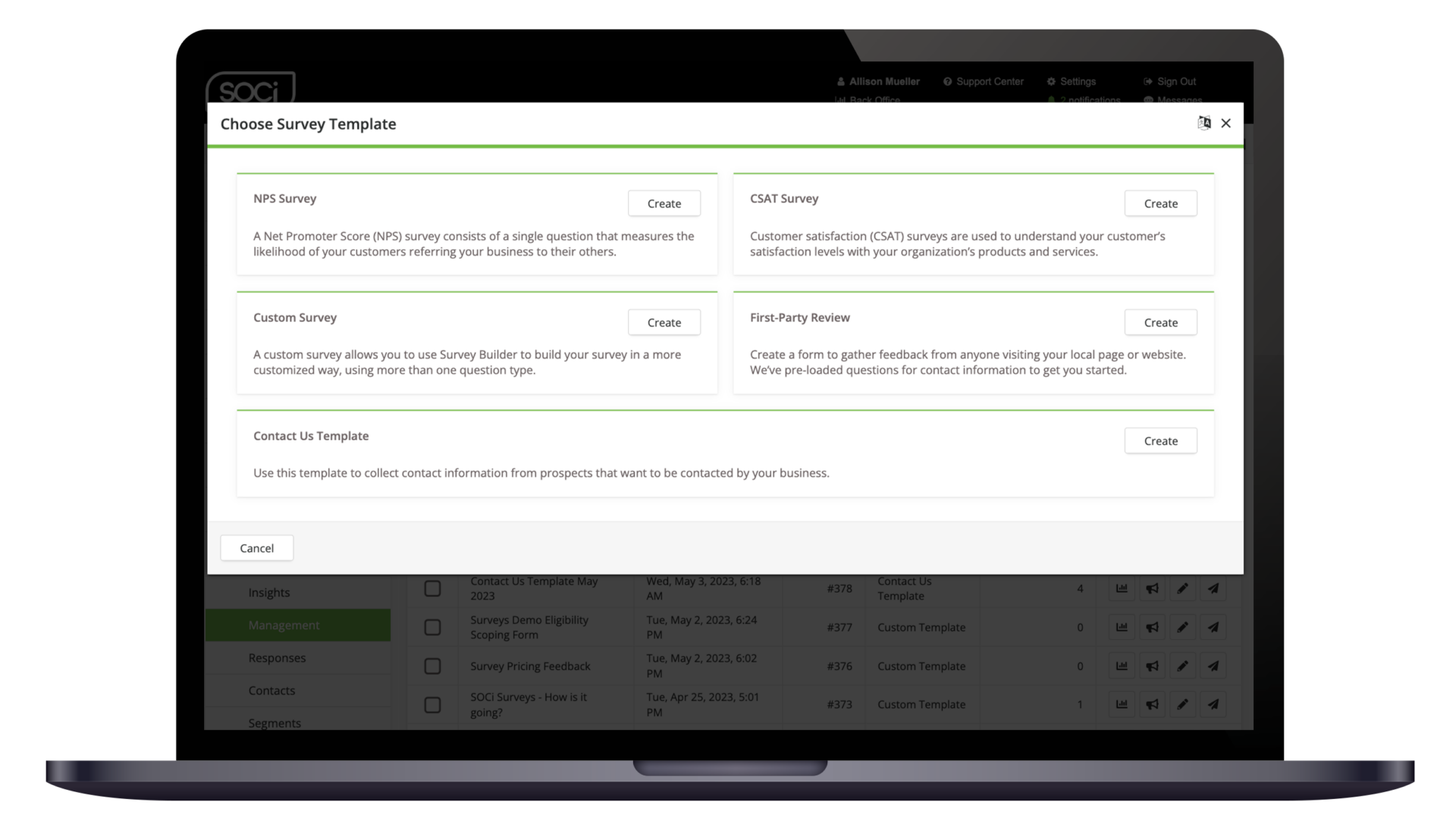 Image of SOCi Surveys Choose Survey Template options overlaid on laptop