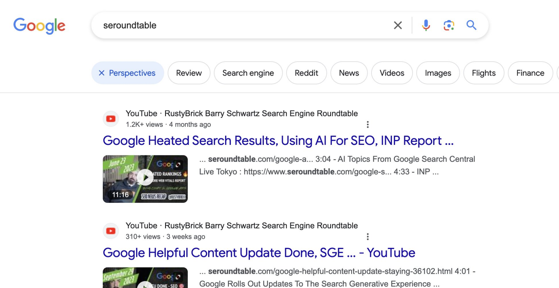 An example of Google's SERP and "perspectives" being shown at the top