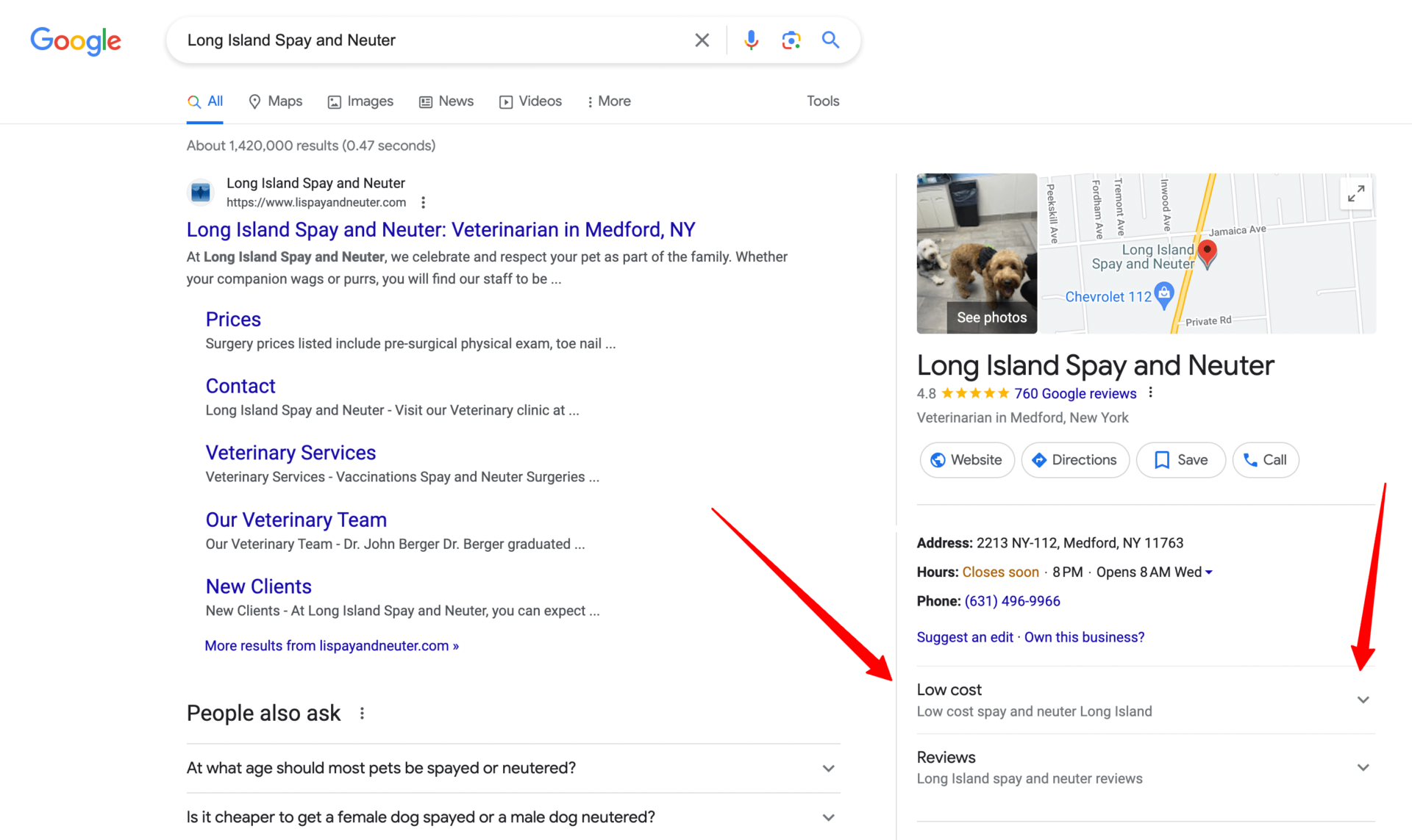 An image pointing out two expandable panels "low cost" and "reviews" in a local Google profile