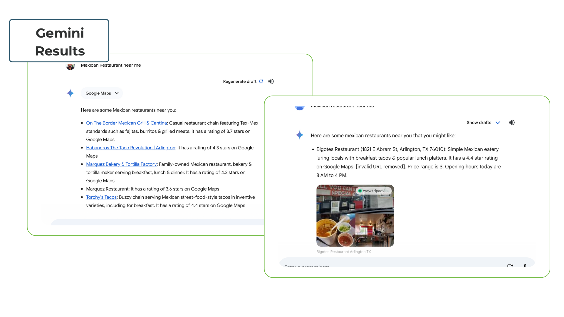 Two screenshots highlighting the different outputs for Gemini's local search results 