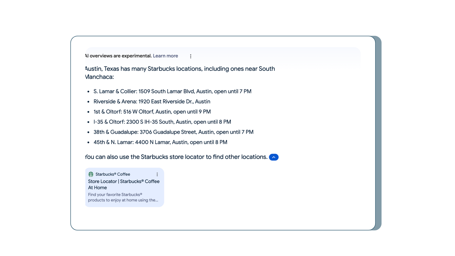 An example of Google SGE's output for the search "Starbucks near me"
