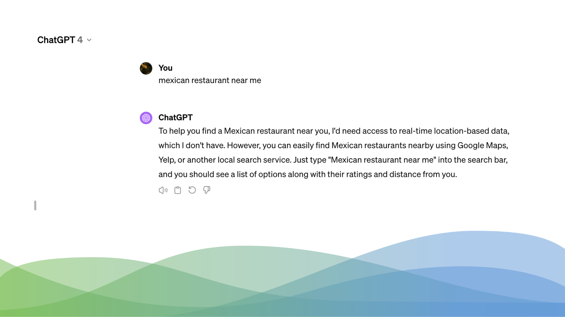 ChatGPT's response when asked to conduct a "near me" search