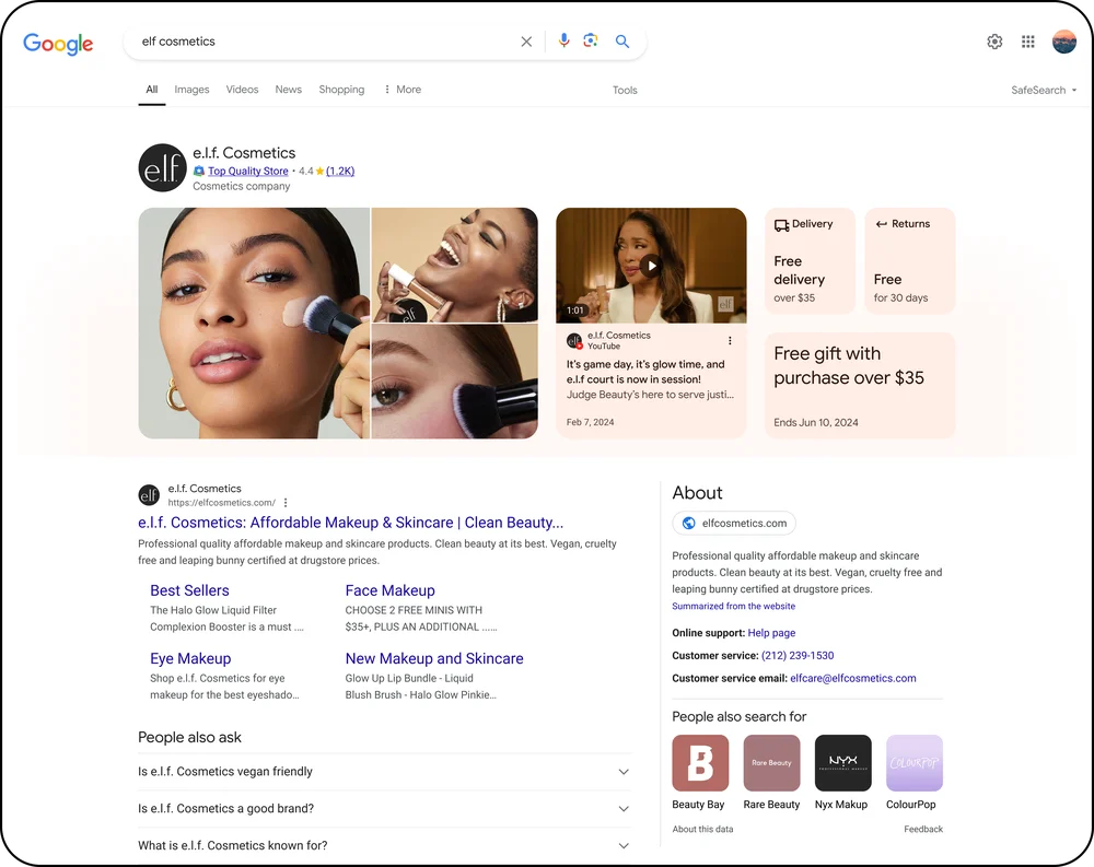 Example of Google's Visual Business Profile for a makeup brand featuring women of color applying makeup.