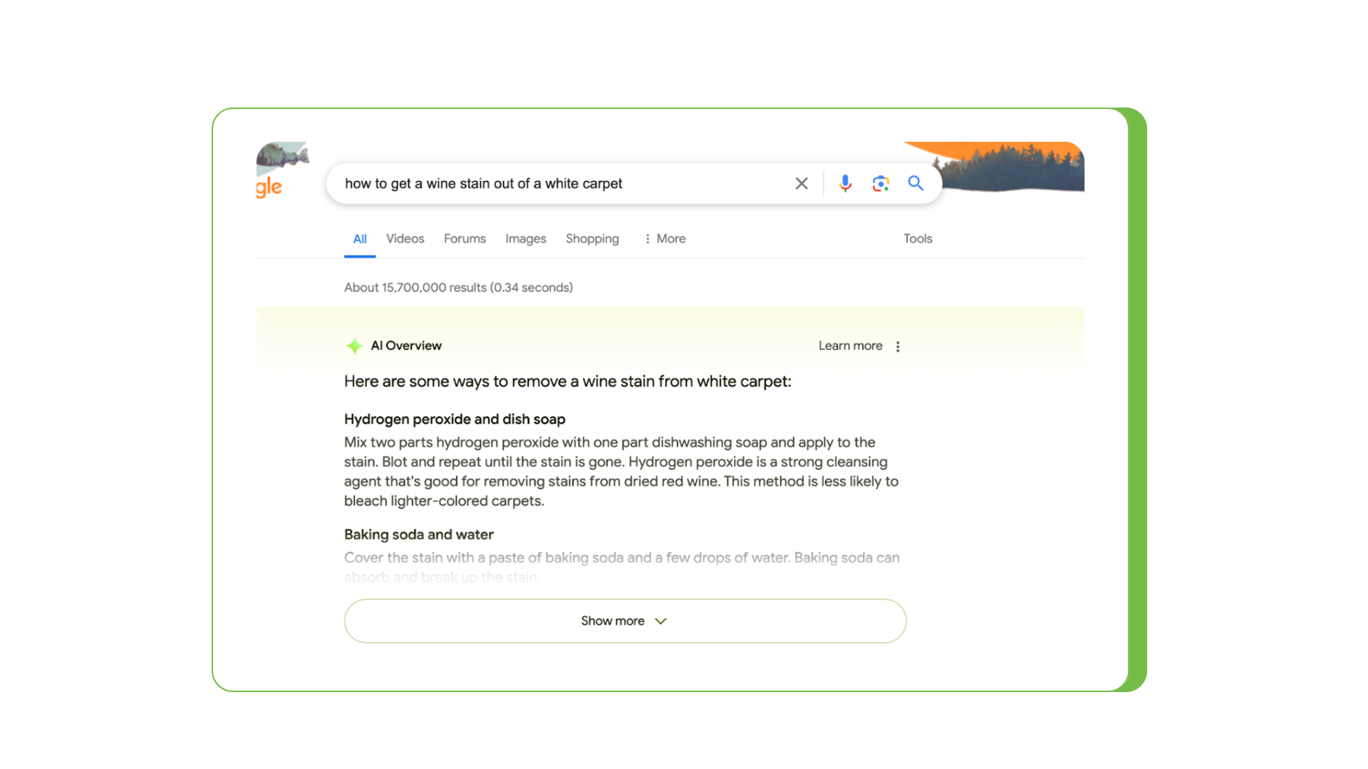 AI Overviews answers the query “how to get a wine stain out of a white carpet”