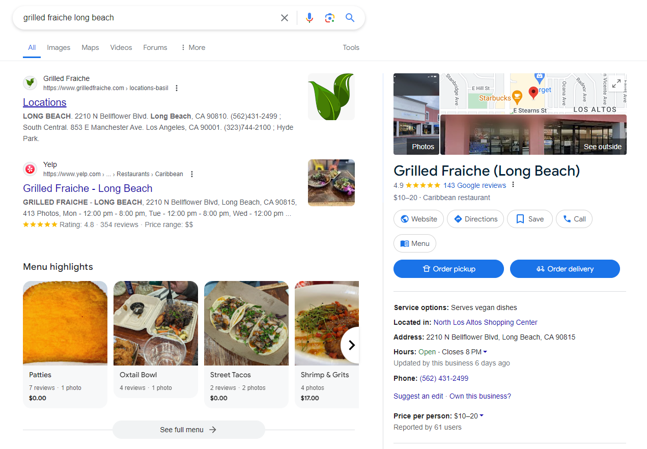 Menu highlights in a search result for Grilled Fraiche in Long Beach