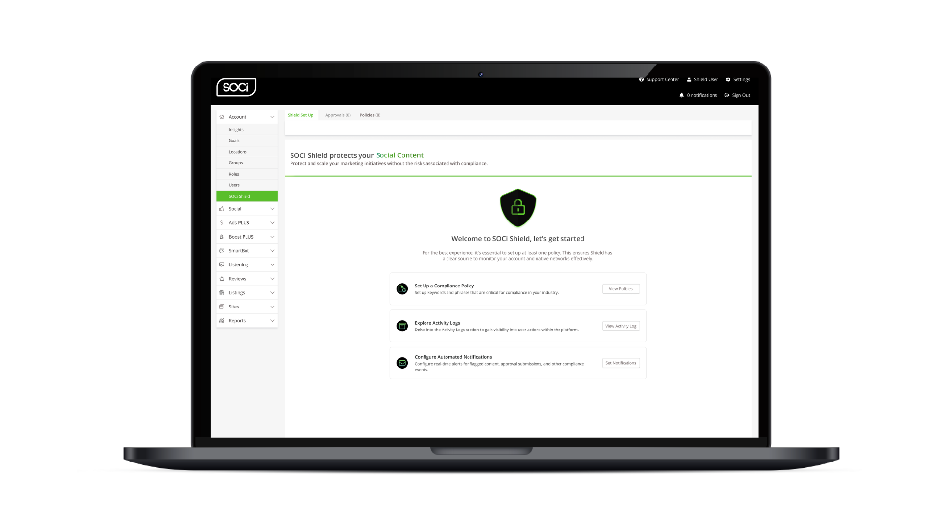 An image highlighting the SOCi Shield home page