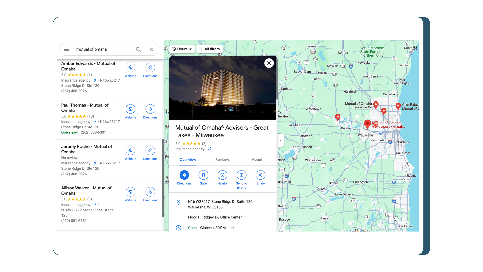 Mutual of Omaha Google Maps screenshot overlaid on white and blue rectangle